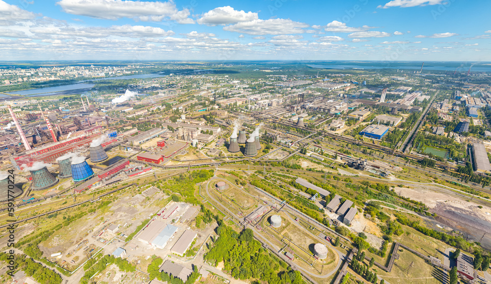 Lipetsk, Russia. Metallurgical plant. Industrial Zone. City view in summer. Sunny day. Aerial view