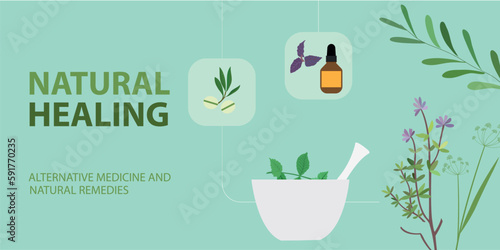Natural healing and alternative medicine: plants, lab equipment and icons, banner with copy space