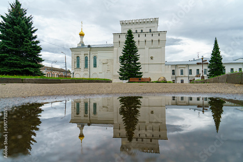Yaroslavl, Russia - August 13, 2020: Vlasyevskaya Tower. Temple of the Icon of the Mother of God of the Sign