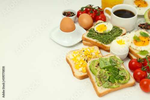 Concept of tasty breakfast  morning meal  space for text