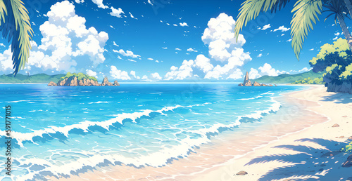 sandy beach with crystal clear waters, anime style