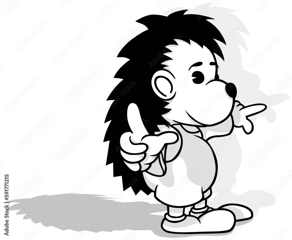 Fototapeta premium Drawing of a Dressed-up Hedgehog Pointing with his Hands from Side View