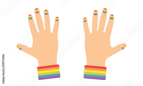 Two arms with rainbow on nail. Conception of LGBT. Vector illustration.