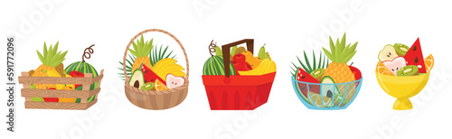 Sweet Tropical Fruit in Basket and Wooden Crate Vector Set