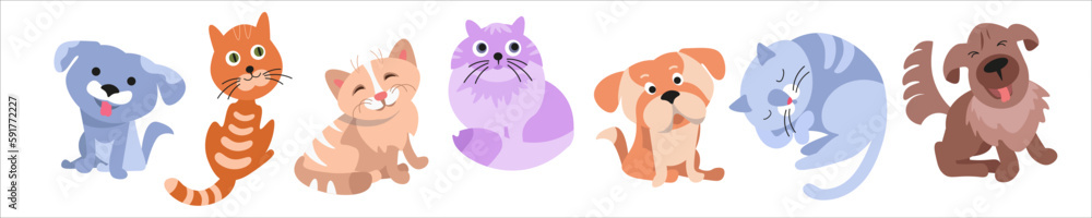 Set of cute cats and dogs. Isolated funny characters, collection on white background. Vector illustration for design. Set of cute cats and dogs. Isolated funny characters, collection on white background. Vector illustration for design.