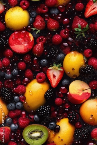 Fresh fruits seamless background, adorned with glistening droplets of water. Generative AI.