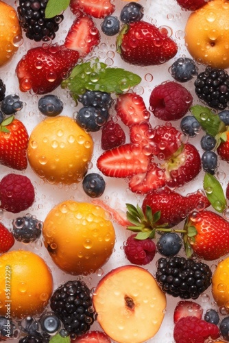 Fresh fruits seamless background  adorned with glistening droplets of water. Generative AI.