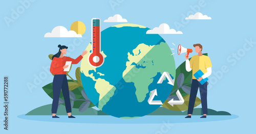 Green technology, environmental care and sustainable development banner with man and woman holding recycling icon. Green recycle symbol. Waste recycling, ecology protection. Zero waste stop pollution