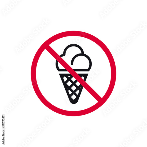 No ice cream prohibited sign, forbidden modern round sticker, vector illustration.