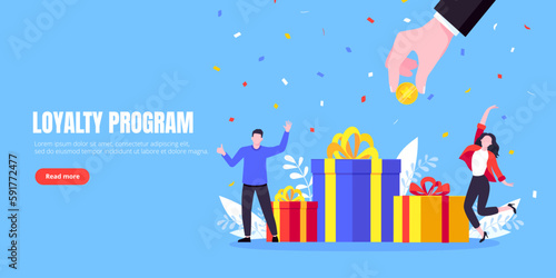 Get online reward and gifts, earn loyalty program points. Get loyalty card and customer service business concept flat design vector illustration. Tiny people with big gift boxes.