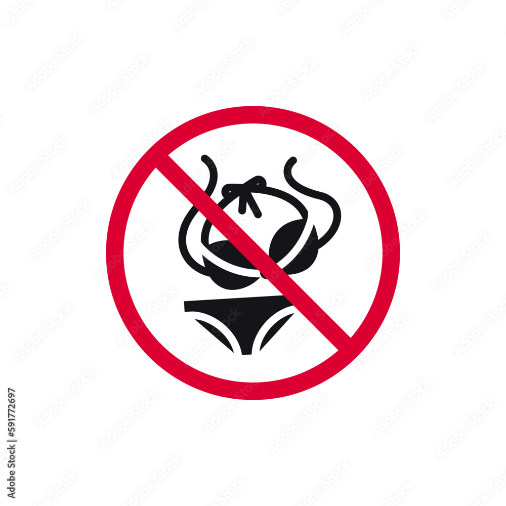 No swimsuit prohibited sign, forbidden modern round sticker, vector illustration. No swimsuit prohibited sign, forbidden modern round sticker, vector illustration.