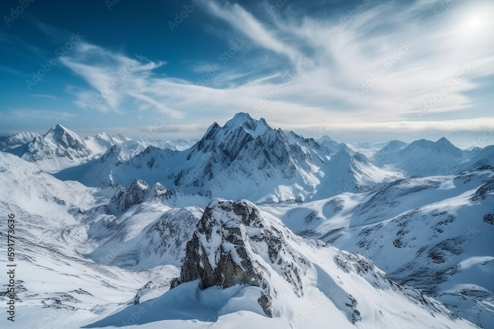 Majestic Snowy Mountain Range with Blue Sky - AI Generated