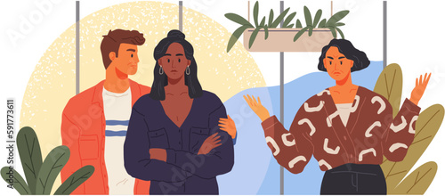 Conflicting friends. Angry quarrel of couple people, stress family problem. Man and woman characters quarreling, arguing in anger and disagreement, dispute of husband and wife, mother scolding teens