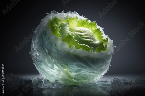 Vegetable themed, healthy nutrition concept. Premium Close up shot of a stylized Iceberg lettuce. Generative AI. photo