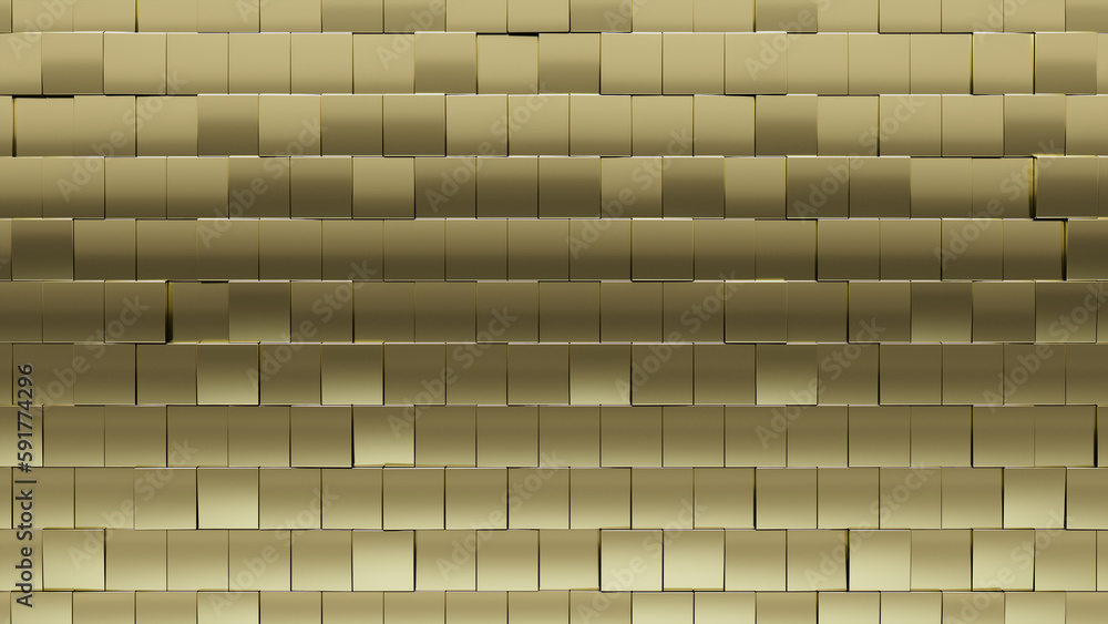 3D, Gold Mosaic Tiles arranged in the shape of a wall. Luxurious, Square, Blocks stacked to create a Glossy block background. 3D Render 3D, Gold Mosaic Tiles arranged in the shape of a wall. Luxurious, Square, Blocks stacked to create a Glossy block background. 3D Render