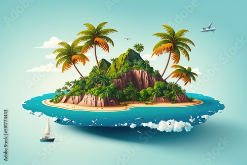 tropical island paradise with palm trees and crystal clear waters. Generative AI
