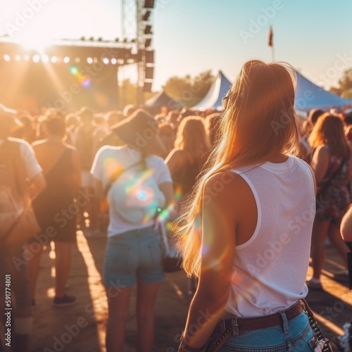 People on music festival in the summer  back view  girl on daylight  big group at party with dj  summer nightlife  disco club outside  fun youth  entertainment festive concept  Female back view