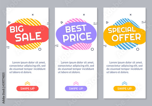 Sale banner set. Flyer modern design with liquid shapes. Special offer, Best price, Big sale story or cover for smartphone app. Discount, promotion posters for mobile phone. Vector illustration. 