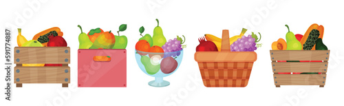 Fresh Fruits in Basket and Crate Vector Set