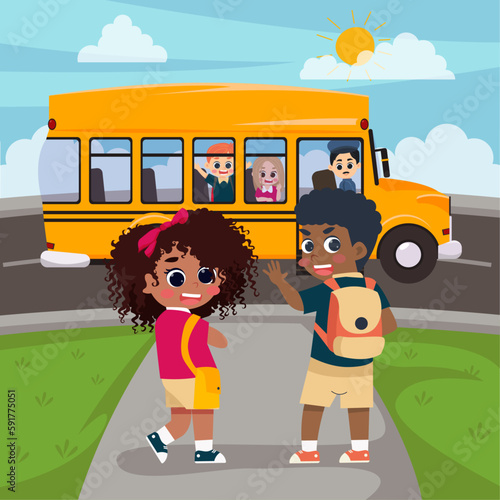 A boy and girl walking down the sidewalk with a school bus in the background