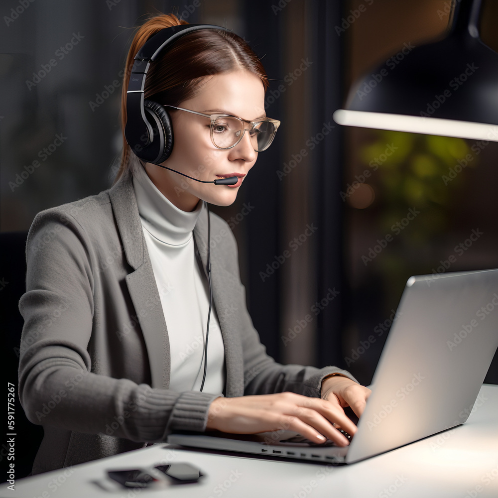 business woman working on laptop while speaking through headset