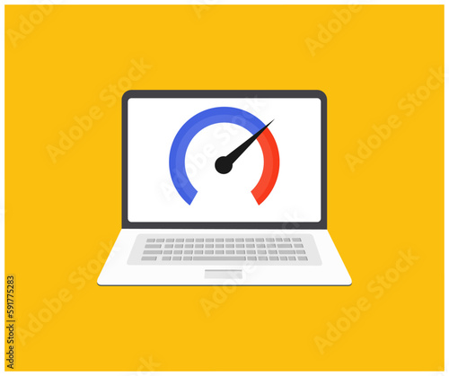 Laptop with internet connection speed test on the computer screen logo design. Speed test and network performance information. Signal quality. Concept of improving website loading speed vector design.