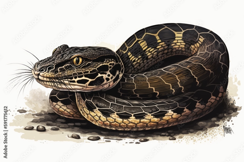 black and brown snake on a white background. Generative AI black and brown snake on a white background. Generative AI