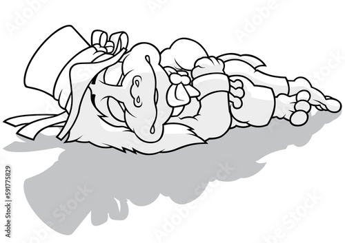 Drawing of a Waterman Sleeping on the Ground Wearing a Hat with Ribbons