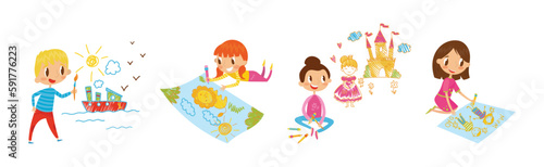 Smiling Girl and Boy Drawing on the Wall and Paper Vector Set