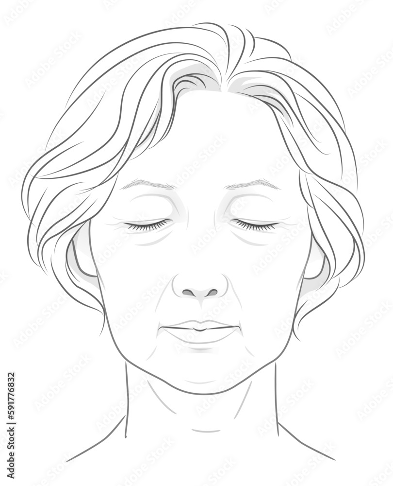目を閉じたシニア女性の顔の線画イラスト 目を閉じたシニア女性の顔の線画イラスト