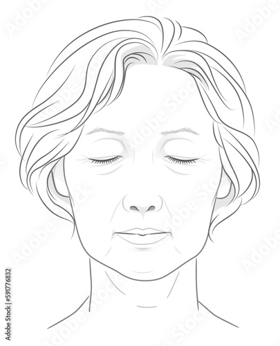 目を閉じたシニア女性の顔の線画イラスト