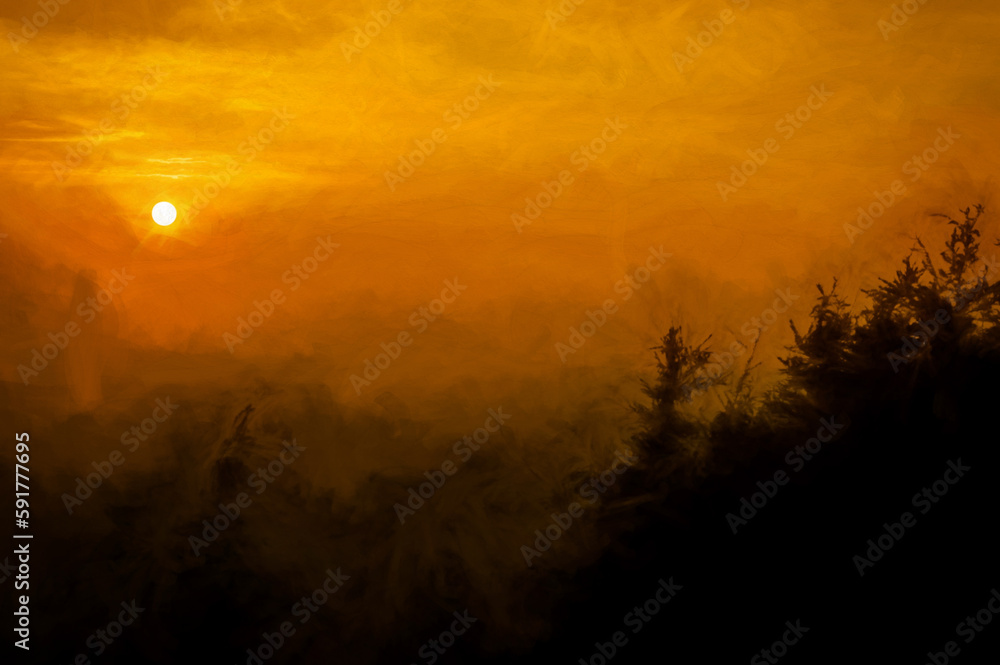 Fototapeta premium Digital painting of sunset silhouettes of trees at the Roaches in the Peak District National Park.