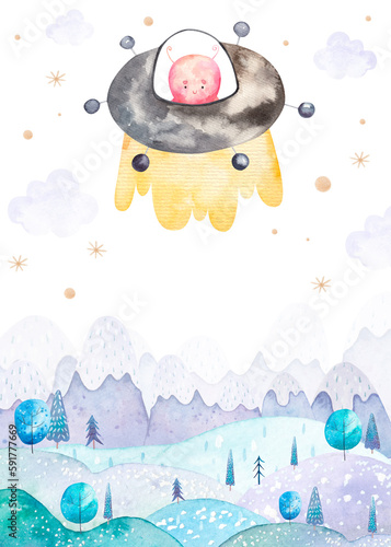 cute fairytale poster with space alien flying over the mountains, childrens watercolor illustration, print, design