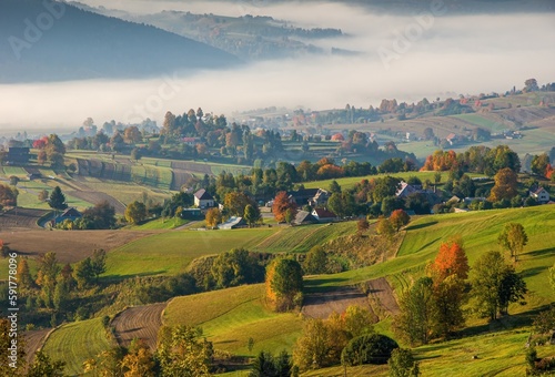 Autumn landscape with village  Slovakia. Discover the beauty of autumn nature and a healthy lifestyle