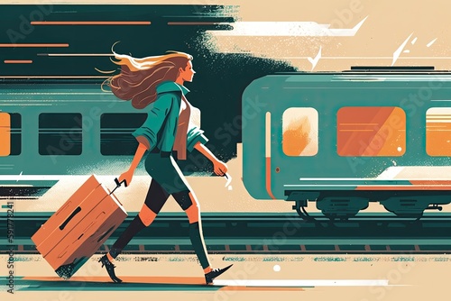 woman walking down a train track with a suitcase. Generative AI