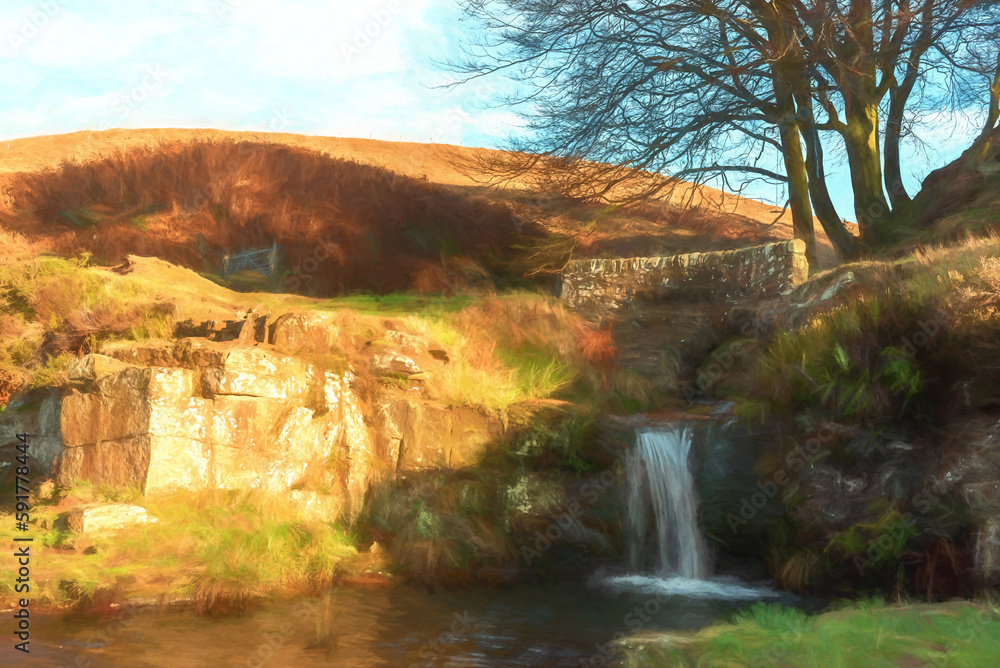 Digital watercolour of an autumnal waterfall and stone packhorse bridge at Three Shires Head in the Peak District.