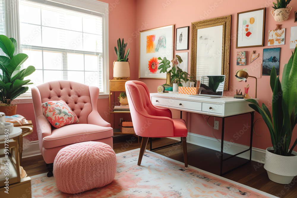 A cozy and playful home office with a bright pink chair. generative AI A cozy and playful home office with a bright pink chair. generative AI