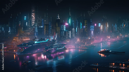 Futuristic city at night. Generative AI
