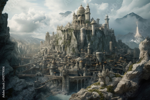 Fantasy landscape with mystic city, Generative AI © LAYHONG