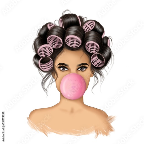 Brunette Girl With Bubble Gum Background Hand Drawn Illustration