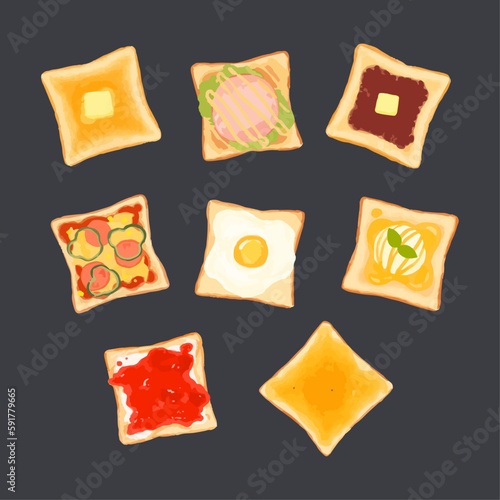 Set of watercolor sweet and savory toast sandwich vector illustration