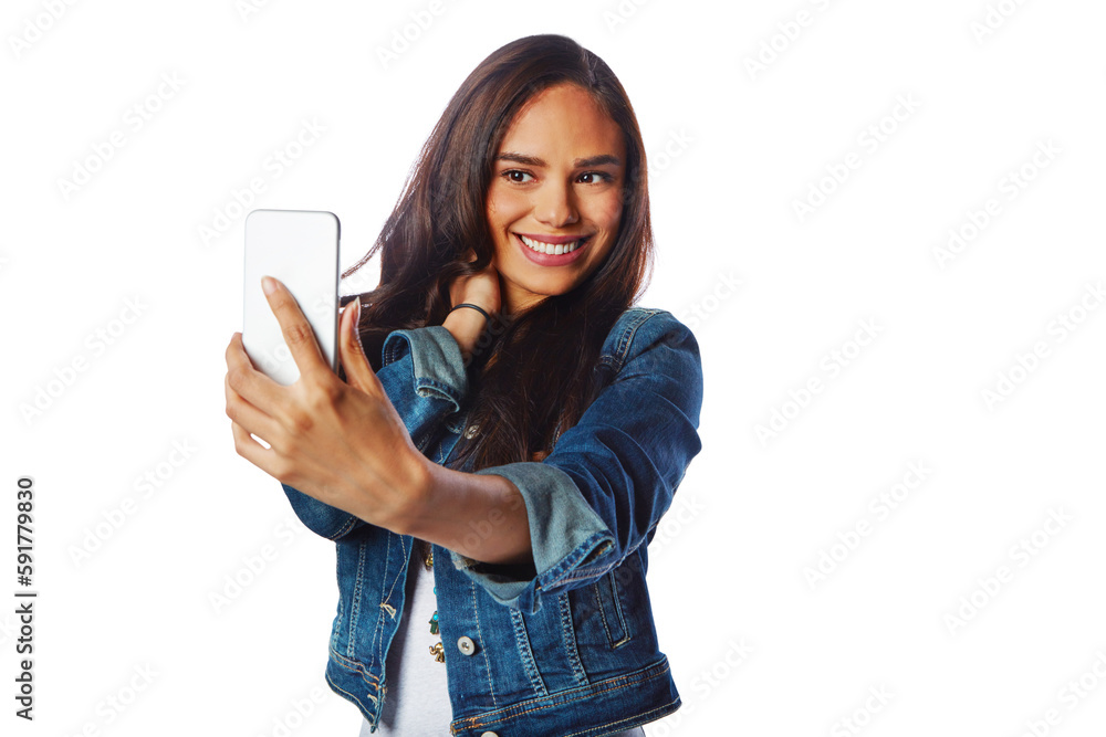 Fototapeta premium Happy model, fashion and selfie on an isolated and transparent png background for social media, profile picture or video call. Smile, woman or influencer on photography in blogging