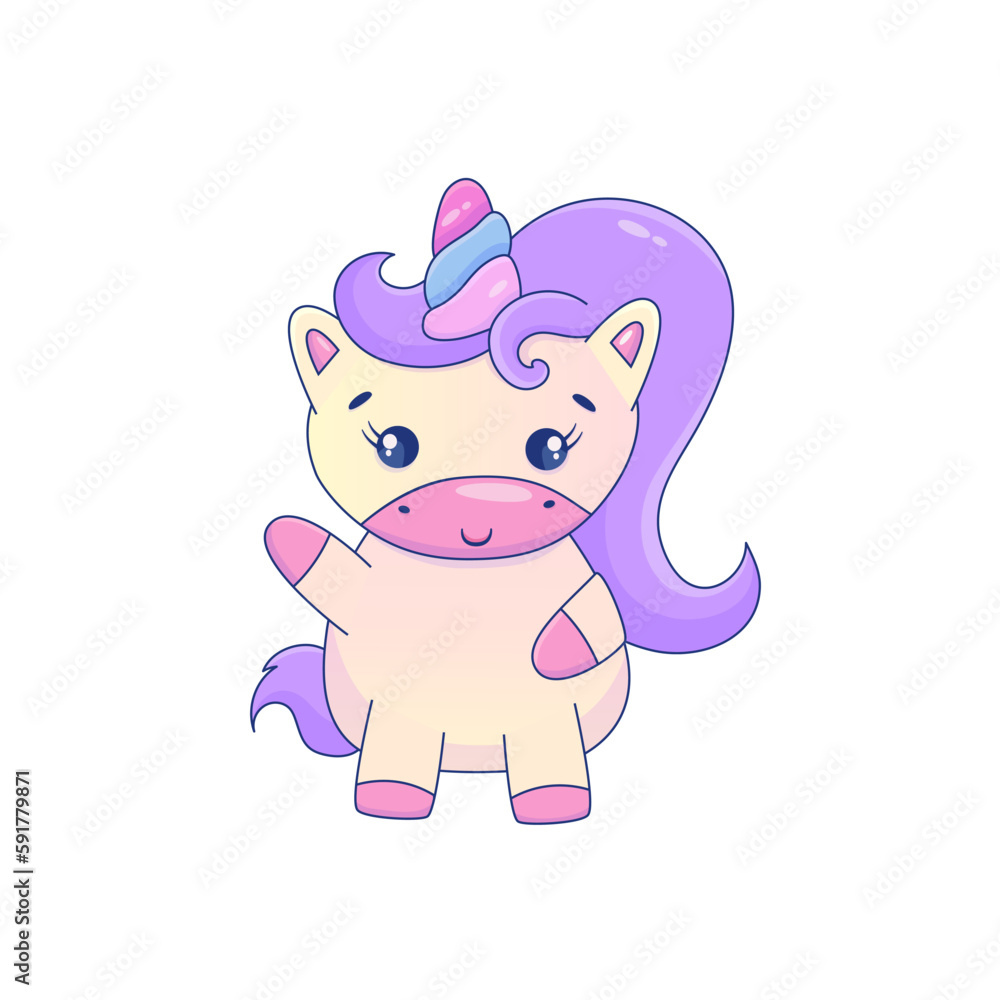 Cute Cartoon Unicorn Kawaii. Unicorn animal sticker. Magic cute pony. Cartoon vector illustration