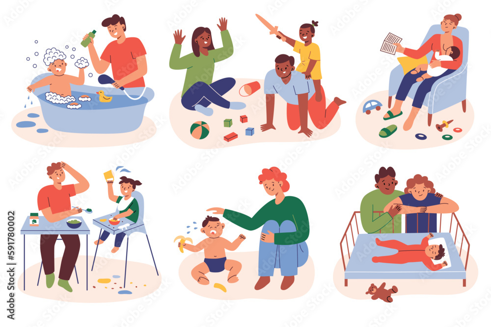 Parents and children everyday scenes set, happy tired moms and dads, interactions with kids, hand drawn colored compositions, feeding, bathing, comforting toddlers, breastfeeding vector illustrations