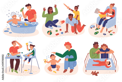 Parents and children everyday scenes set, happy tired moms and dads, interactions with kids, hand drawn colored compositions, feeding, bathing, comforting toddlers, breastfeeding vector illustrations