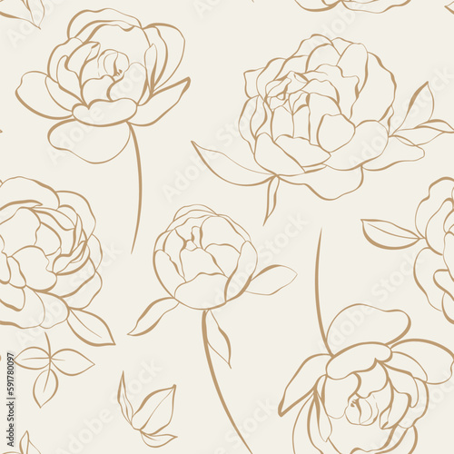 Modern floral seamless pattern with hand-sketched peonies and roses. Elegant botanical vector illustration on soft beige background. 