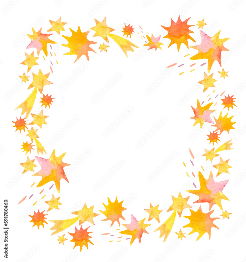 Watercolor stars frame. Isolated image on white background. 