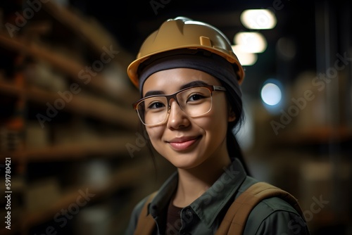 Portrait of beautiful Asian smiling female factory warehouse in safety vest and helmet working in warehouse. people and industry concept. Generative Ai.
