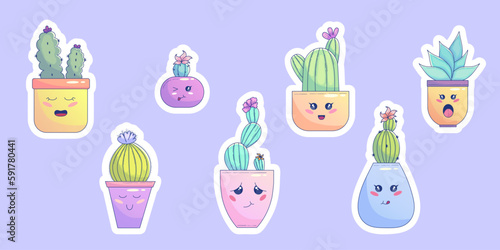 Cute Kawaii Cactus sticker set in pot with face. Cute pastel succulent kawaii smaile. Cactus character in pot. Vector graphic illustration
