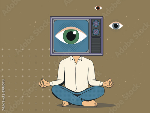 Man in lotus position with a retro TV with a big eye instead of a head. Vector illustration